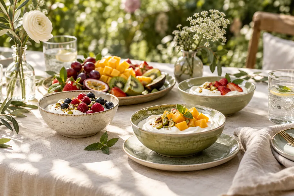 AI-created yoghurt and fruit serving inspiration for a shared occasion.