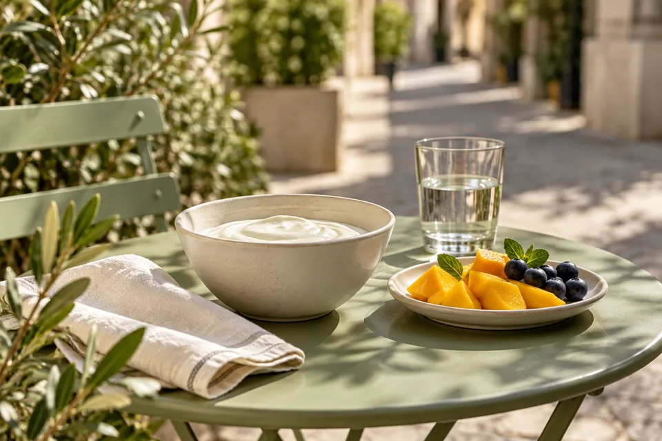 AI-created outdoor lifestyle scene for a sweet pause; not the VC Yogurt shop.