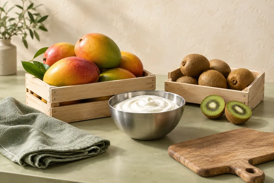 AI-created illustration of yoghurt and fruit prepared for a business supply setting.